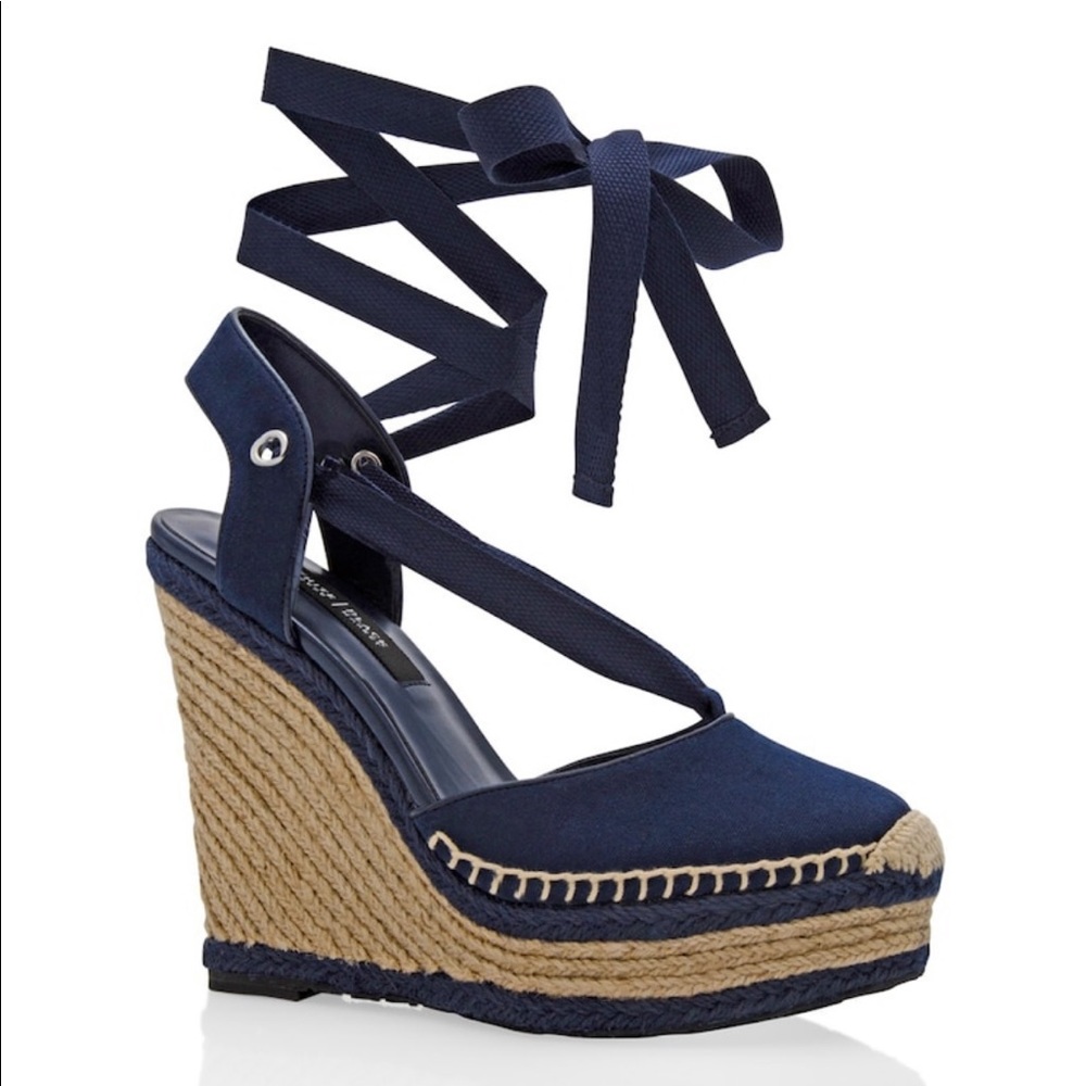 Lace Up Espadrille Wedge Navy